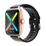 The 1.83-inch smartwatch with a stylish rose gold case and a black silicone band.