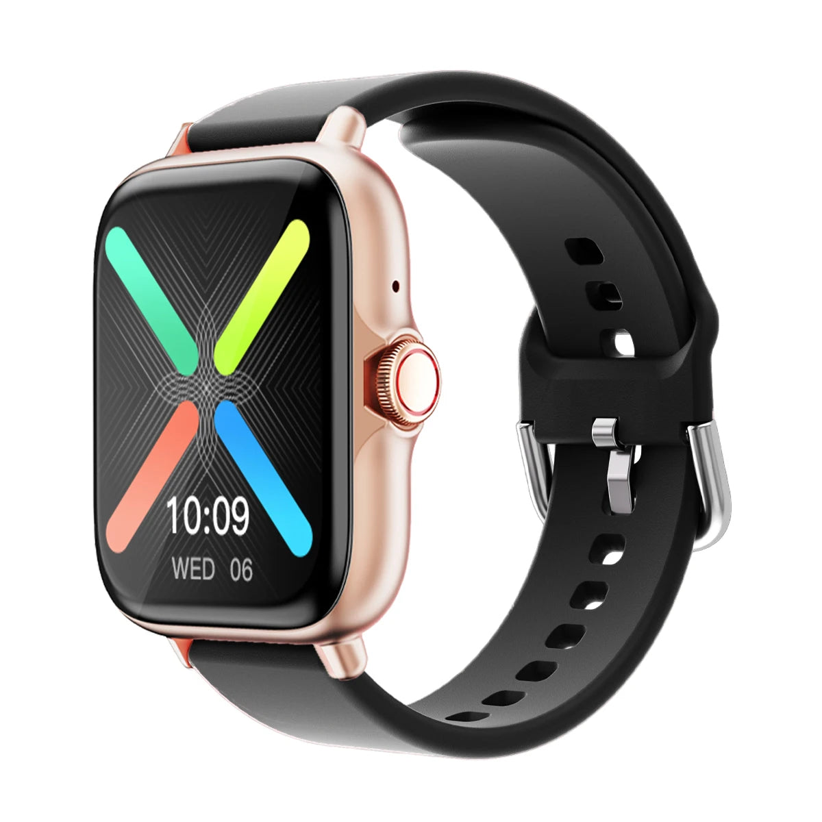The 1.83-inch smartwatch with a stylish rose gold case and a black silicone band.
