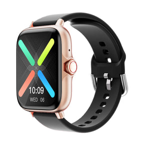 The 1.83-inch smartwatch with a stylish rose gold case and a black silicone band.