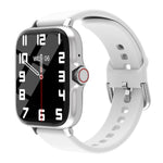 The 1.83-inch smartwatch with a silver case and a clean white silicone band.