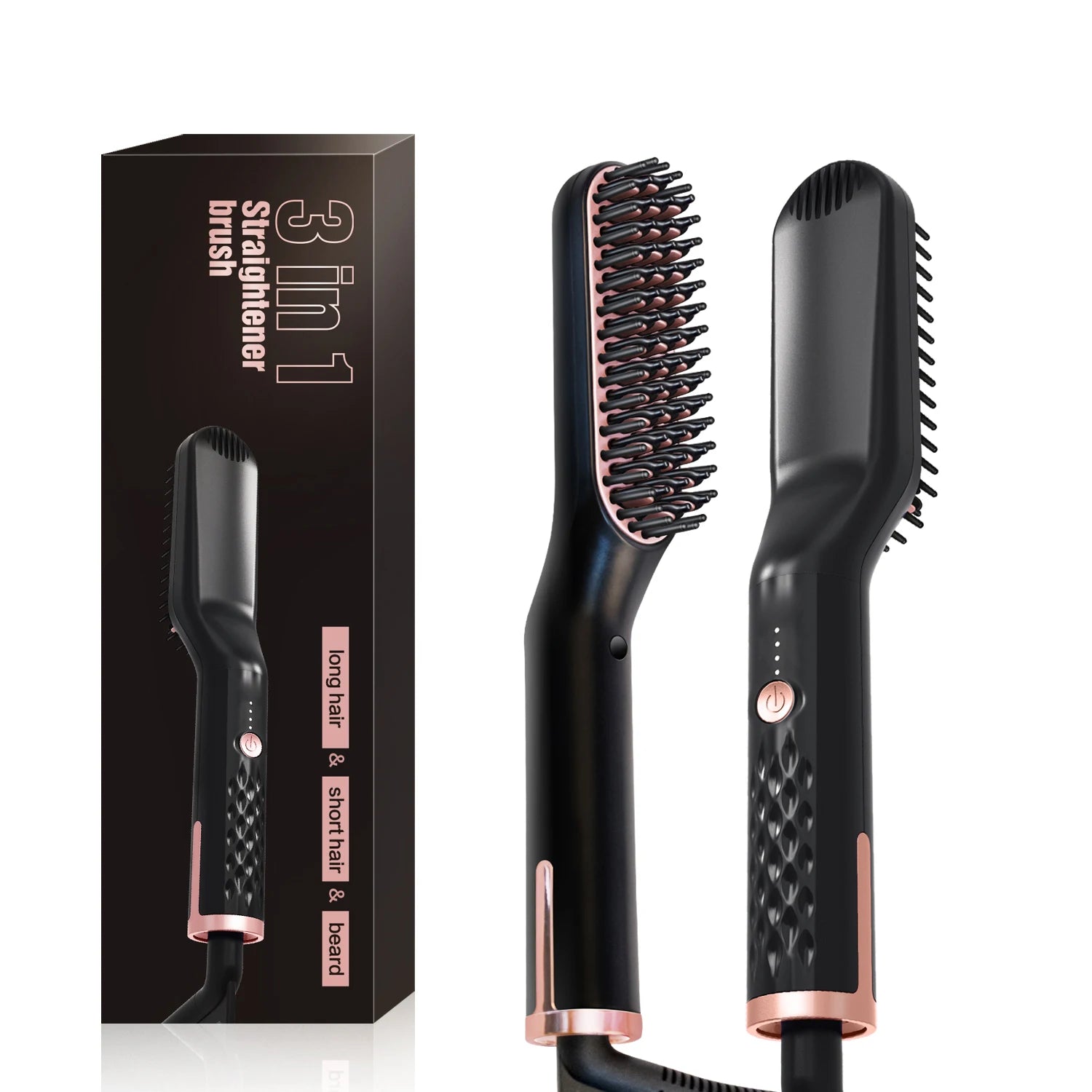 The 3-in-1 straightener brush for long hair, short hair, and beards, shown next to its black and rose gold retail box.