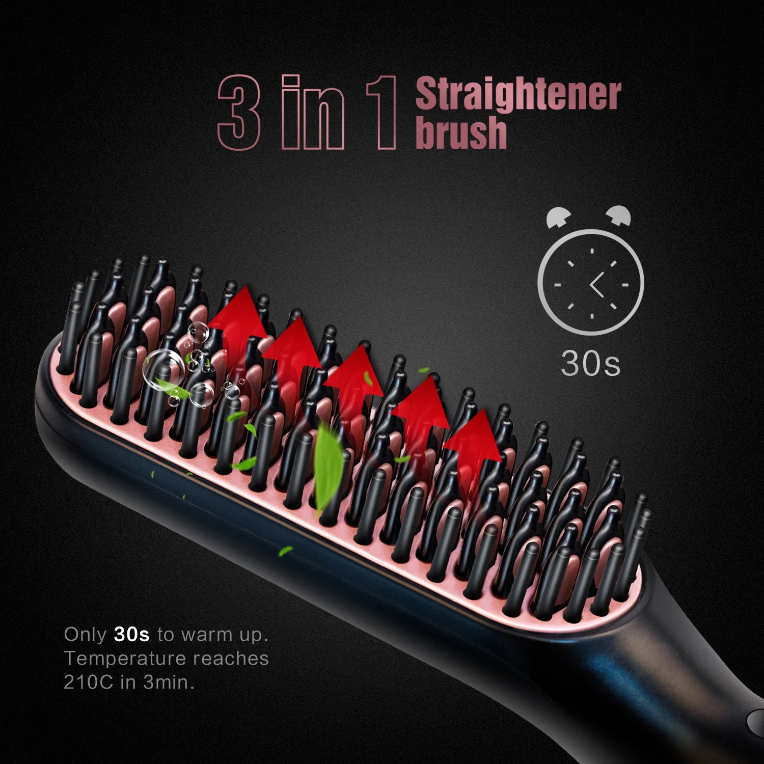 An infographic for the 3-in-1 straightener brush highlighting its 30-second warm-up time.