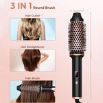 An infographic demonstrating the 3-in-1 functions of the round brush as a hair curler, hair straightener, and hair brush.