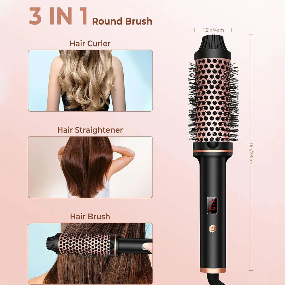 An infographic demonstrating the 3-in-1 functions of the round brush as a hair curler, hair straightener, and hair brush.