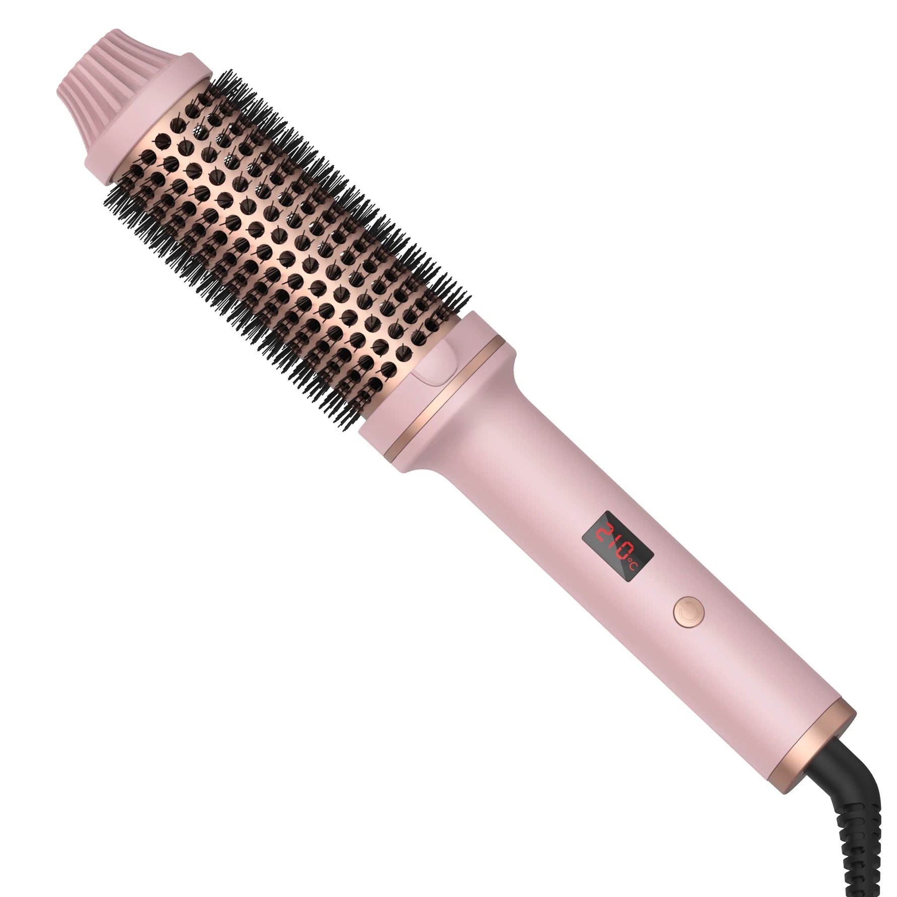 The Tinsol 3-in-1 ionic hot curl brush shown in a stylish pink and rose gold color.