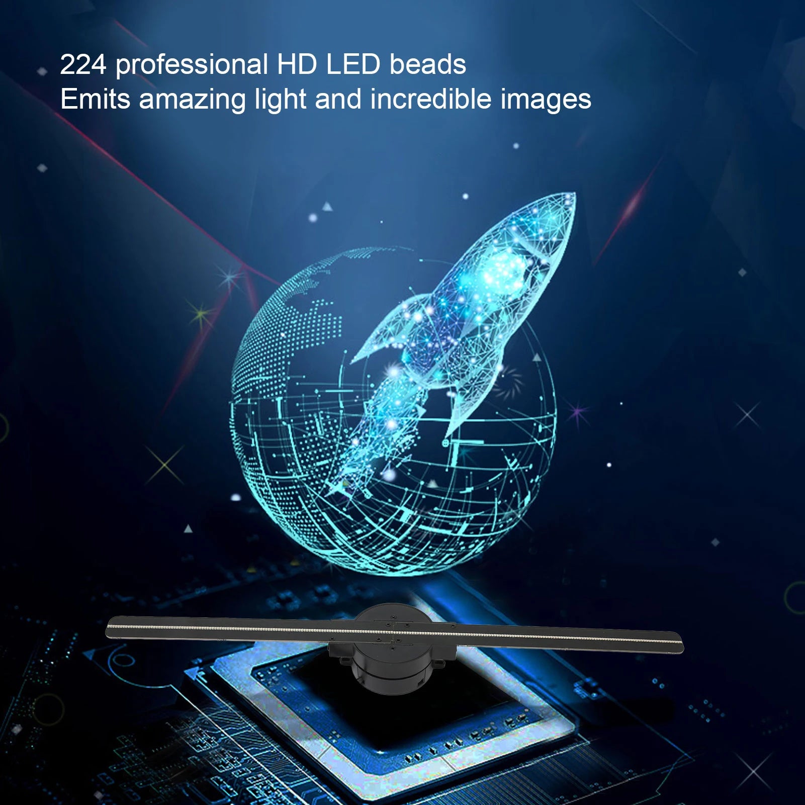 An infographic highlighting the 224 professional HD LED beads on the 3D hologram fan, which create amazing light and incredible images.