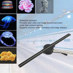 Examples of high-resolution images projected by the 3D hologram fan, including a burger, a flower, a robot, and a jellyfish.