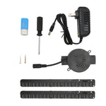 All accessories included with the 3D hologram fan: two LED blades, motor base, power adapter, screwdriver, screws, and a USB card reader.