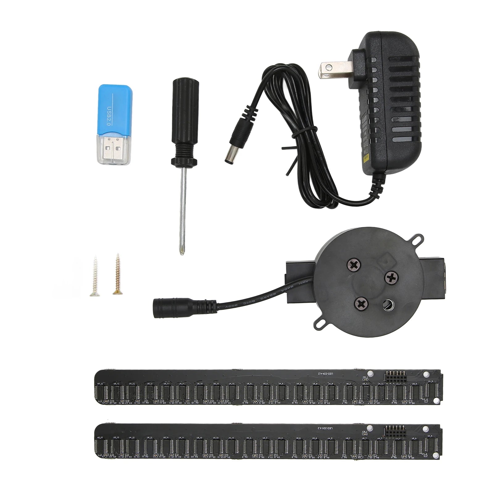All accessories included with the 3D hologram fan: two LED blades, motor base, power adapter, screwdriver, screws, and a USB card reader.
