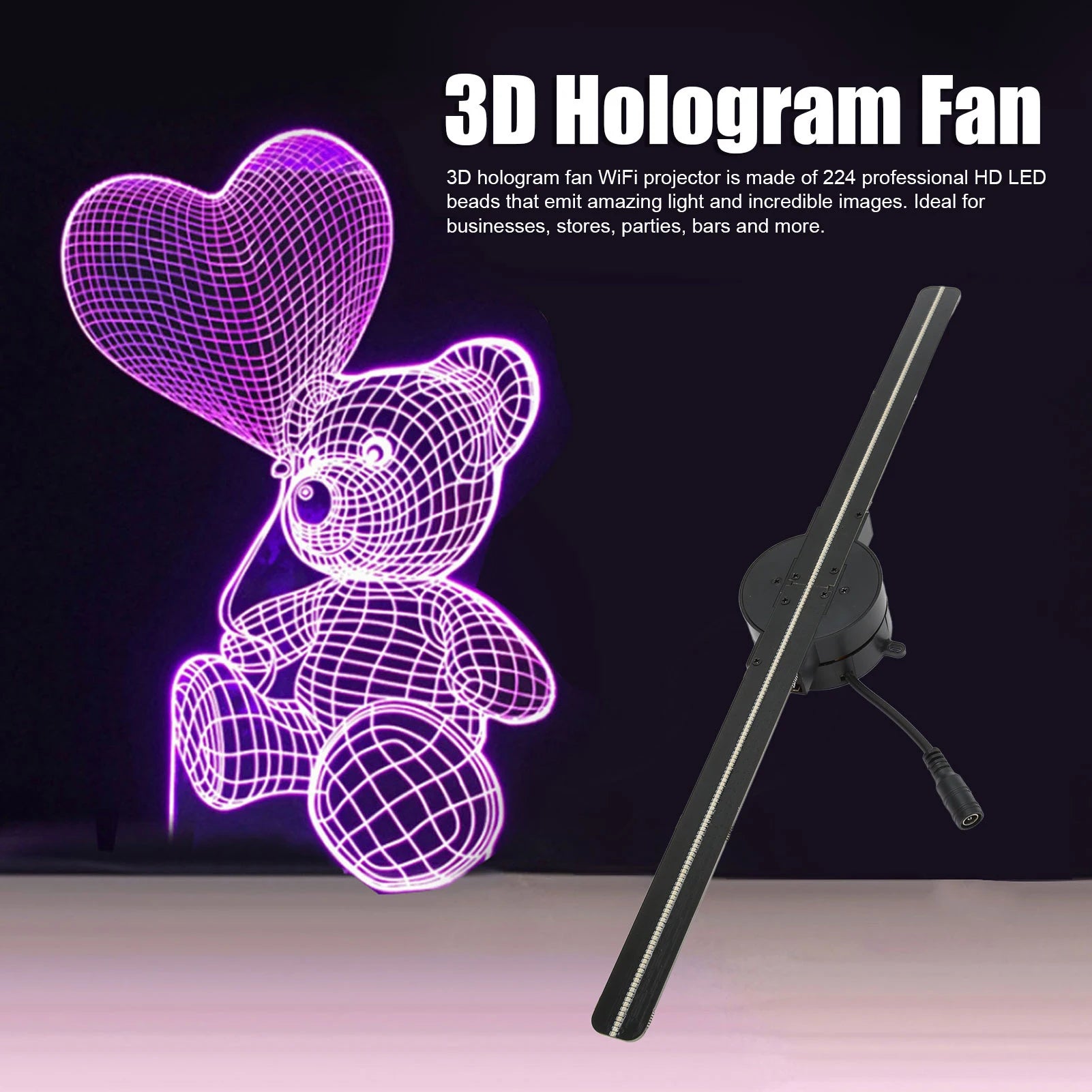 The 3D hologram fan projecting a glowing purple wireframe image of a teddy bear holding a heart-shaped balloon.