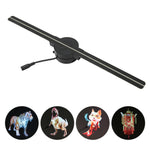 The 3D hologram fan device with four examples of holograms it can project: a tiger, a T-rex, a fox, and a lantern.
