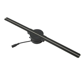 A clear product shot of the 3D hologram fan projector device with its spinning LED blade.
