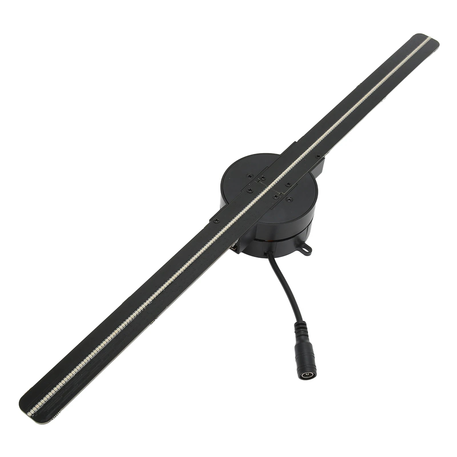 A side view of the 3D hologram fan projector, showing the motor base and the blade with LED lights.