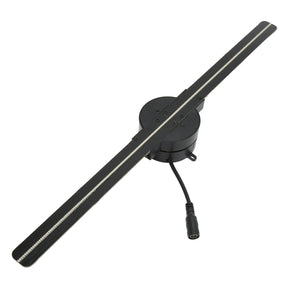 A side view of the 3D hologram fan projector, showing the motor base and the blade with LED lights.