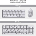 A size comparison between a 60% ultra-compact 61-key keyboard and a standard 104-key keyboard, showing how it saves desk space.