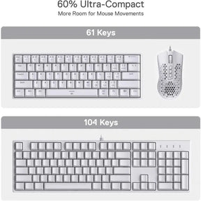 A size comparison between a 60% ultra-compact 61-key keyboard and a standard 104-key keyboard, showing how it saves desk space.