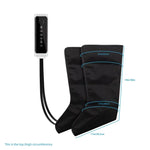 A diagram showing the dimensions of the air pressure leg massager sleeves and the connected controller.