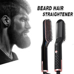 The UKLISS beard and hair straightener brush, shown next to a profile of a man with a well-groomed beard.