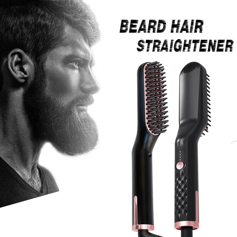 The UKLISS beard and hair straightener brush, shown next to a profile of a man with a well-groomed beard.