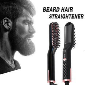 The UKLISS beard and hair straightener brush, shown next to a profile of a man with a well-groomed beard.