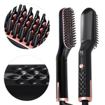 Close-up images of the straightener brush, showing the detailed bristle design and the textured non-slip handle.