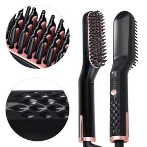 Close-up images of the straightener brush, showing the detailed bristle design and the textured non-slip handle.