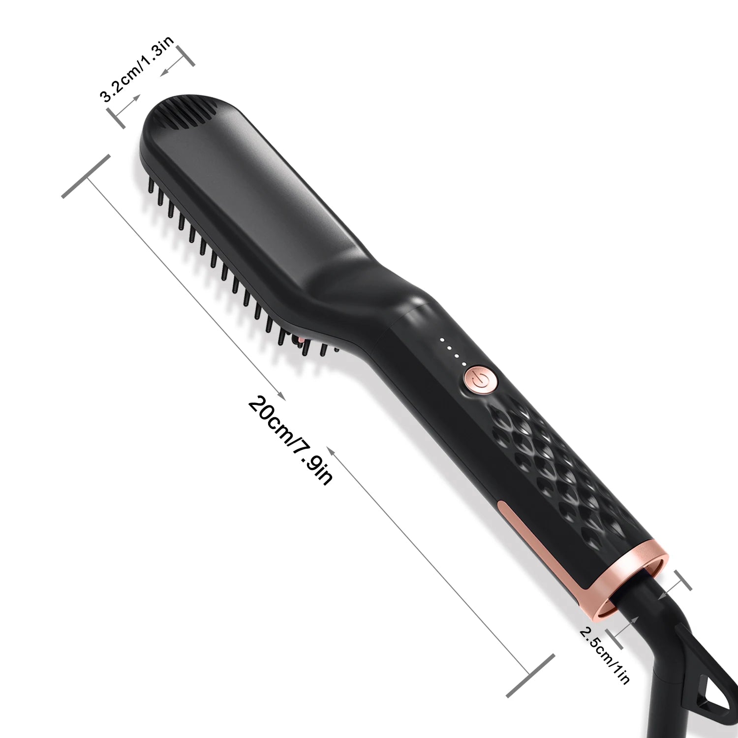 An image showing the dimensions of the beard straightener brush, which is 20cm long.