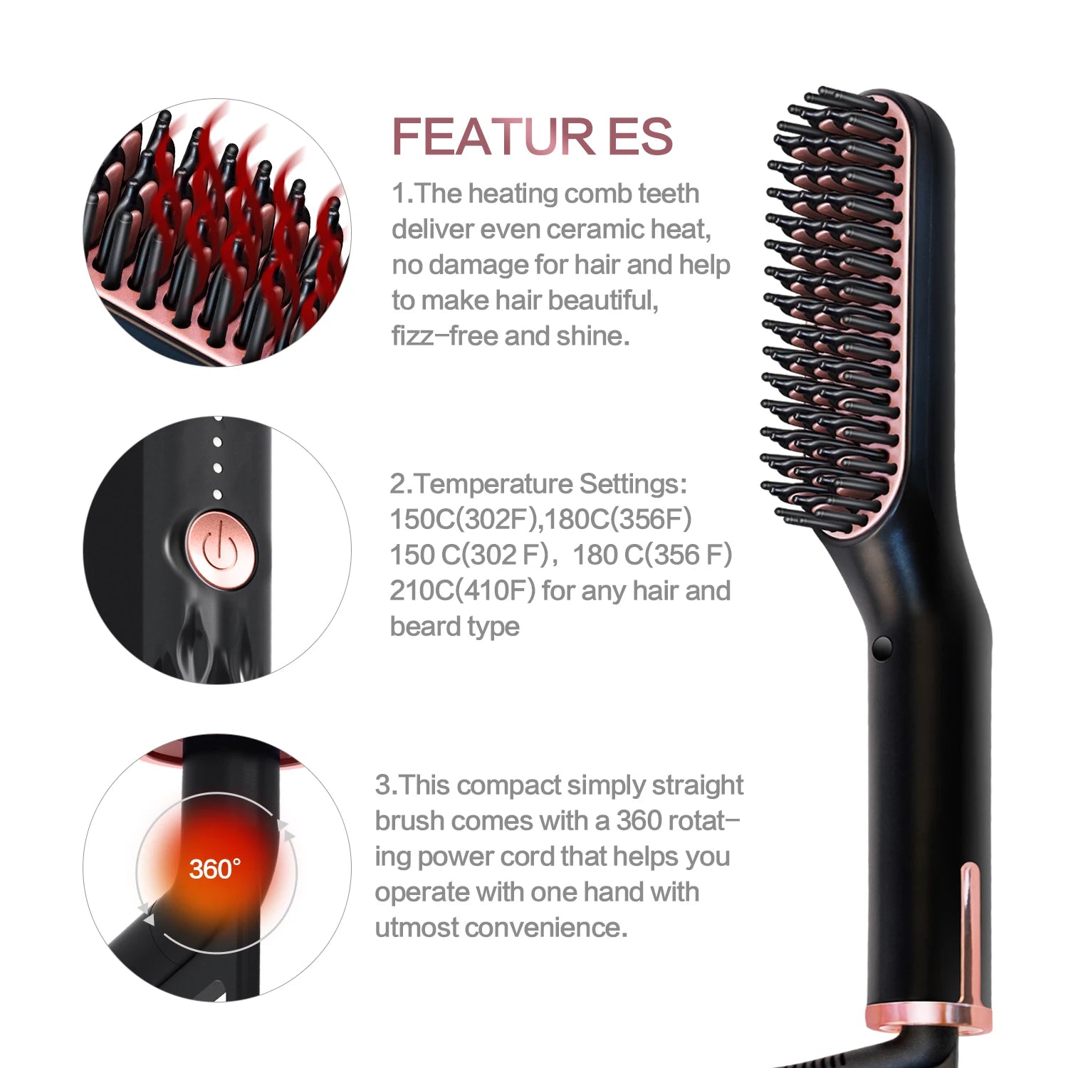 An infographic detailing the features of the straightener brush: ceramic heat, multiple temperature settings, and a 360-degree rotating power cord.