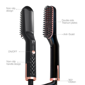 A diagram labeling the parts of the beard and hair straightener, including the non-slip handle, titanium plates, anti-scald bristles, and rotating cord.