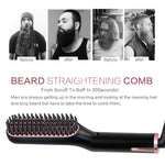 Before-and-after photos of men with long beards, showing the beard's appearance from scruffy to well-groomed after using the straightening comb.