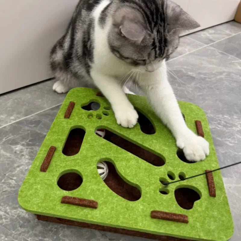 A grey and white tabby cat batting at a ball inside the green interactive felt puzzle box toy.