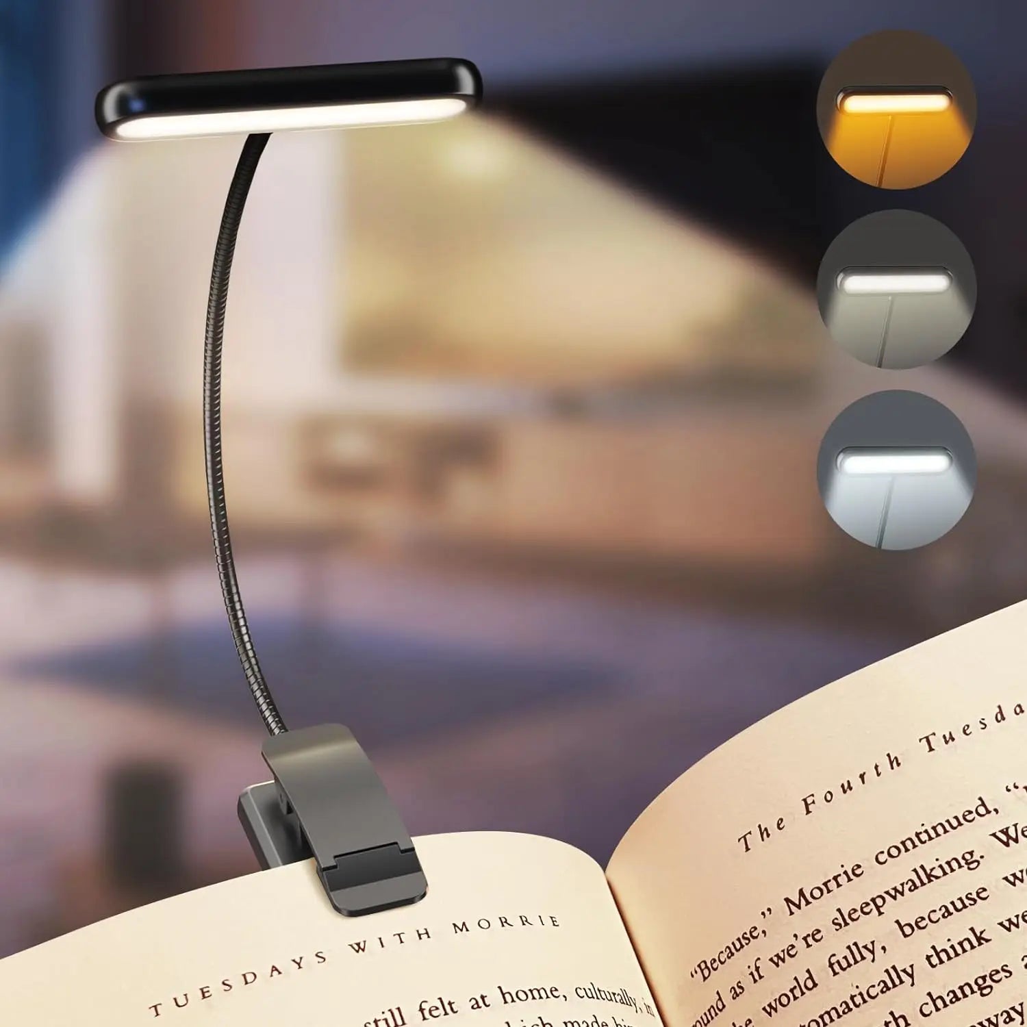 The rechargeable clip-on LED book light in black, attached to a book and showing its three color temperature modes.