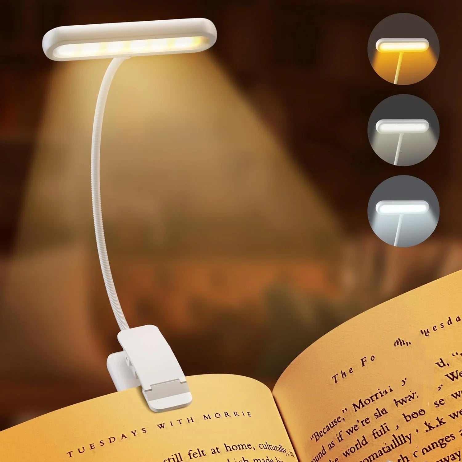 The rechargeable clip-on LED book light in white, illuminating a page and showing its three light color options.