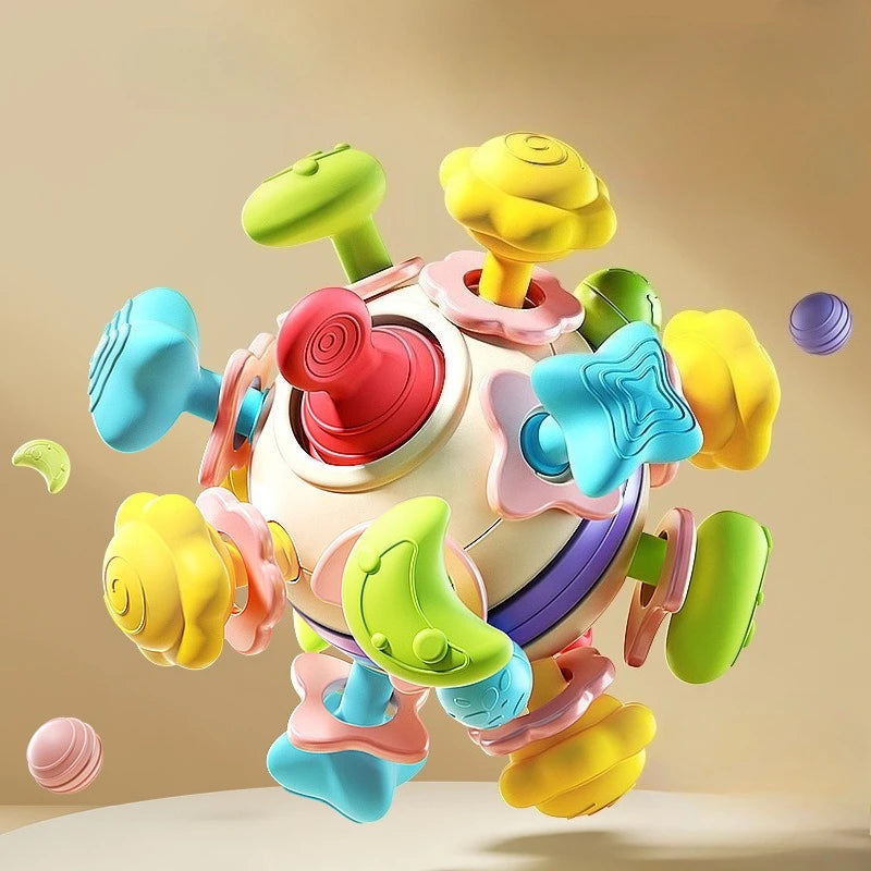 A colorful sensory baby rattle cube with multiple textures and shapes for tactile development.