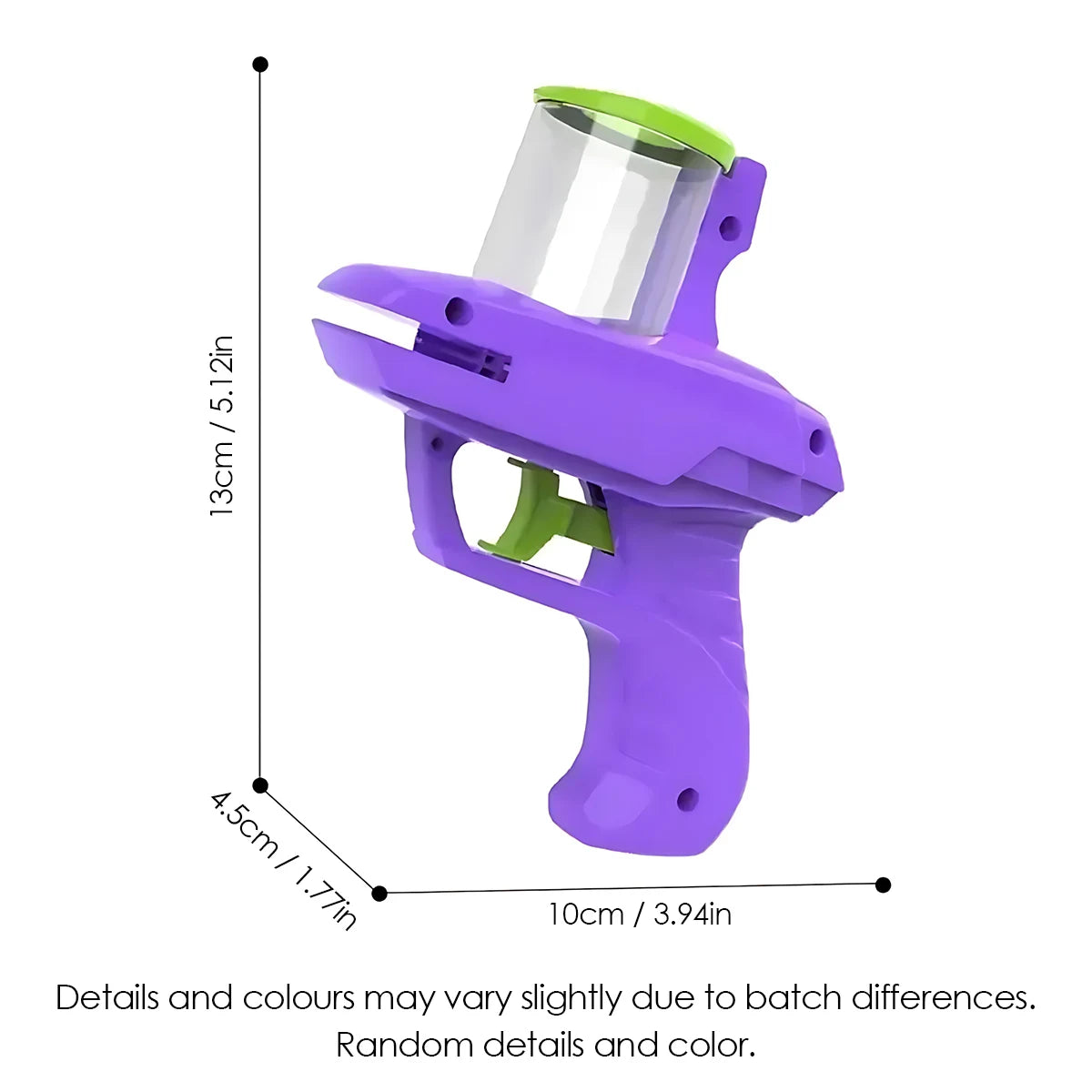 A diagram of the purple disc launcher toy showing its dimensions: 13cm high and 10cm wide.