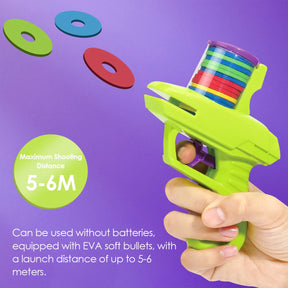 An infographic showing the disc launcher toy has a maximum shooting distance of 5 to 6 meters.