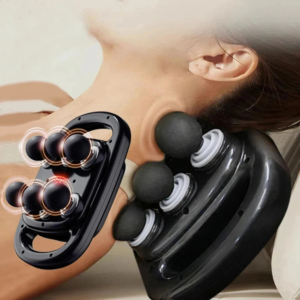 A close-up of the 6-head electric massager being used to provide relief for the neck and shoulder area.