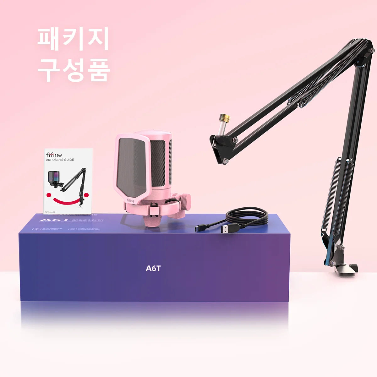 The FIFINE A6T microphone kit in pink, displayed with its user guide, boom arm, and retail packaging.