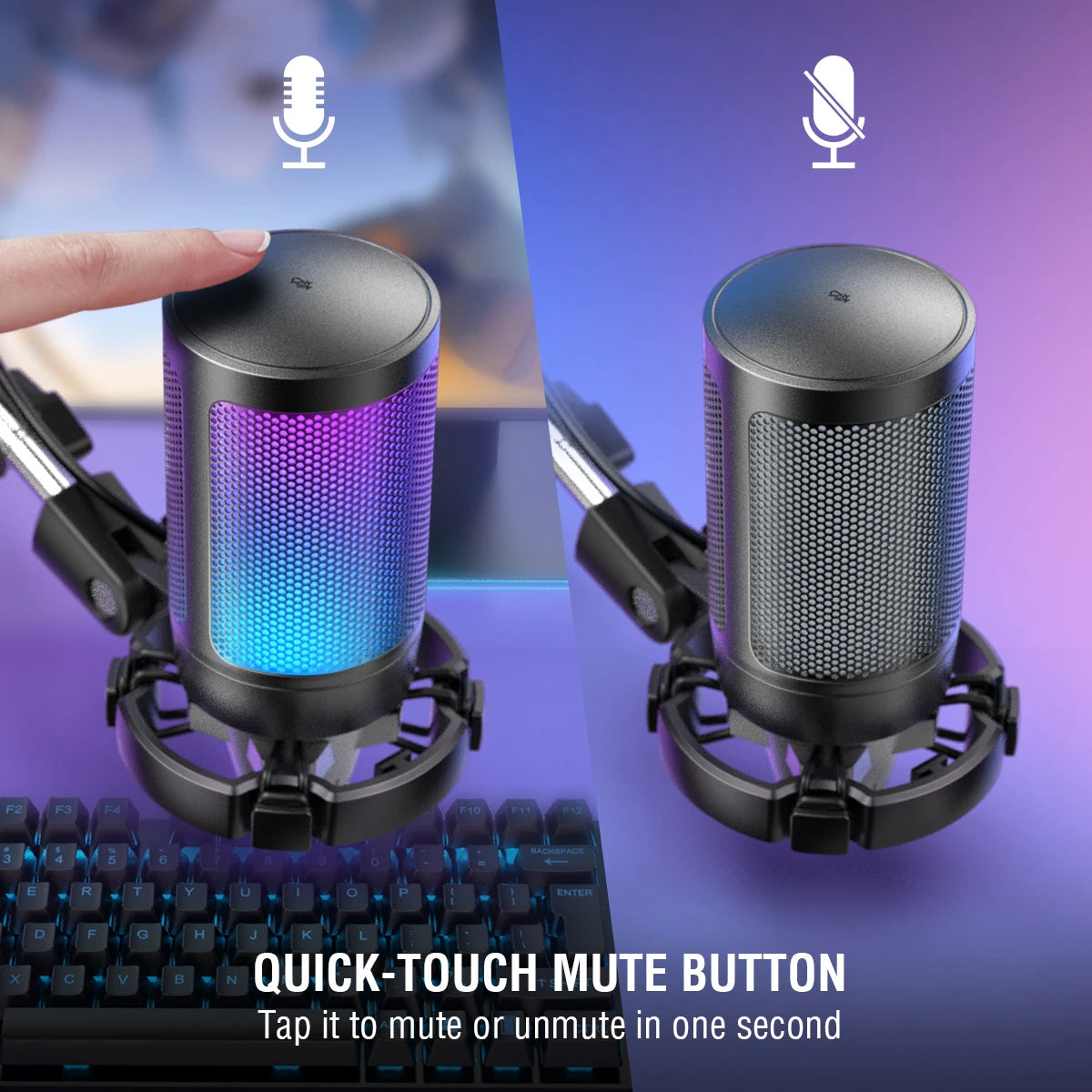 A demonstration of the FIFINE A6T microphone's quick-touch mute button, showing the RGB lights turning off when muted.