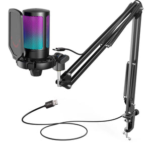 The complete FIFINE A6T USB gaming microphone kit in black, including the RGB microphone, pop filter, adjustable boom arm, and USB cable.