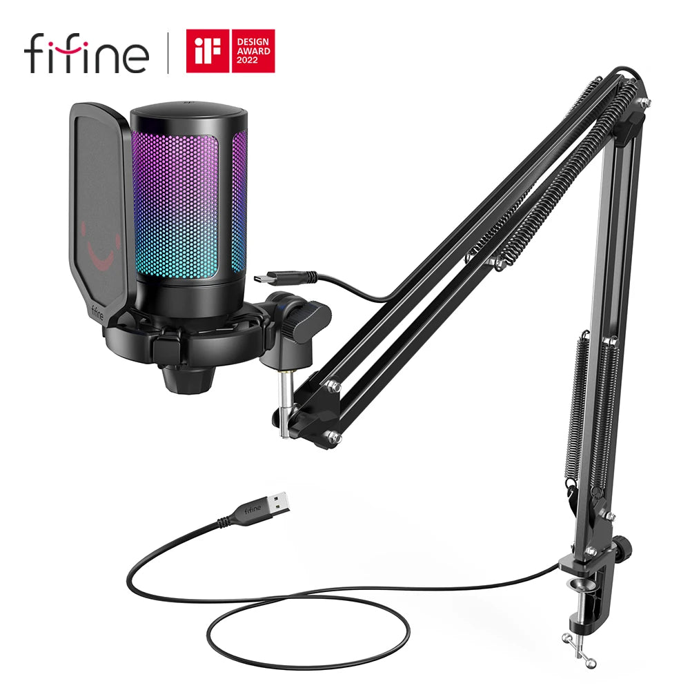 The complete FIFINE A6T USB gaming microphone kit, winner of the iF Design Award 2022, including the RGB microphone, pop filter, and boom arm.