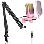 The complete FIFINE A6T USB gaming microphone kit in pink, including the RGB microphone, pop filter, adjustable boom arm, and USB cable.