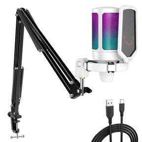 The complete FIFINE A6T USB gaming microphone kit in white, including the RGB microphone, pop filter, adjustable boom arm, and USB-C cable.