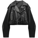 A clear front-view product shot of the women's oversized black faux leather moto jacket with a belted waist.