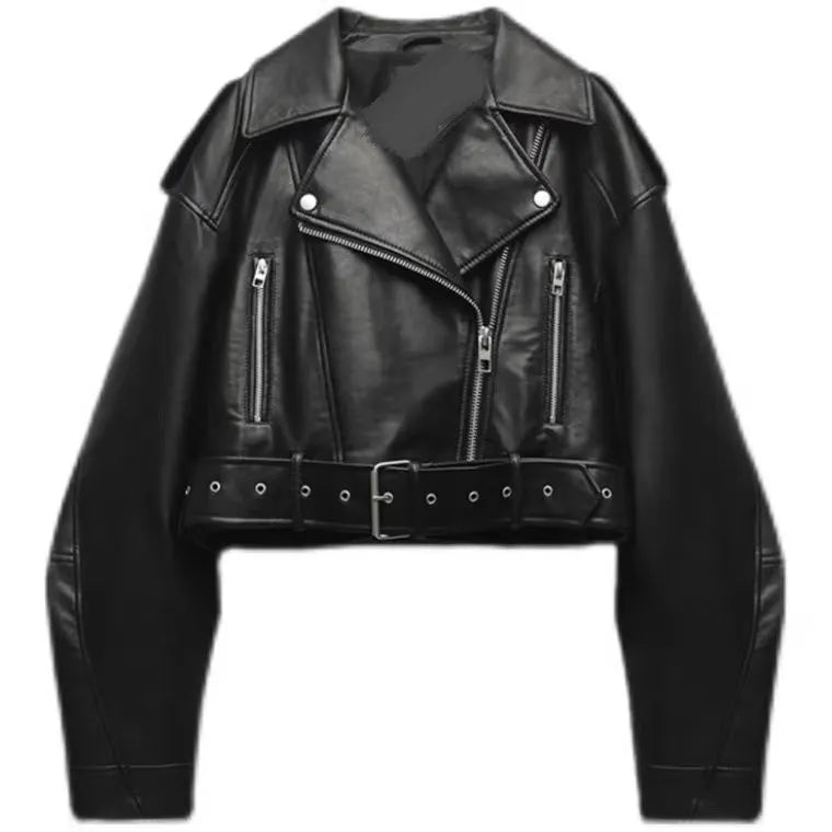 A clear front-view product shot of the women's oversized black faux leather moto jacket with a belted waist.
