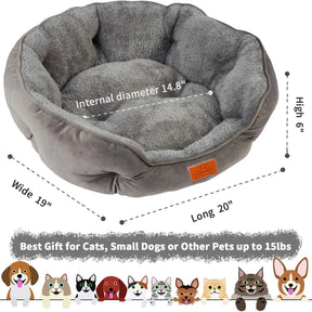 Diagram of the grey pet bed showing its dimensions: 20 inches long, 19 inches wide, 6 inches high, with a 14.8-inch internal diameter. Suitable for pets up to 15lbs.