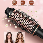 A before-and-after image showing a woman's hair transformed from straight to voluminous waves using the Tinsol hot curl brush.