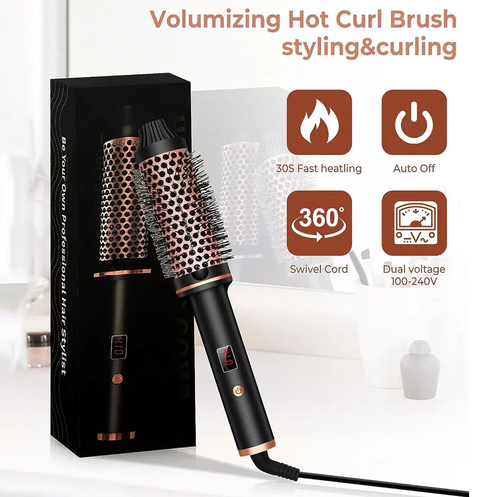 An infographic highlighting the features of the hot curl brush: 30-second fast heating, auto-off, 360-degree swivel cord, and dual voltage (100-240V).
