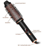 A diagram labeling the parts of the hot curl brush, including the ceramic-coated barrel, styling pins, LCD display, and 360-degree rotating cable.