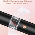 An infographic showing the multiple temperature settings of the hot curl brush, ranging from 120 degrees C up to 210 degrees C.